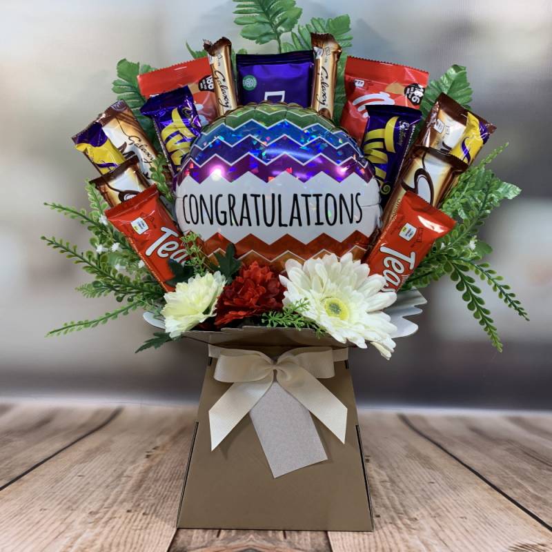 Congratulations Balloon and Flowers Chocolate Bouquet