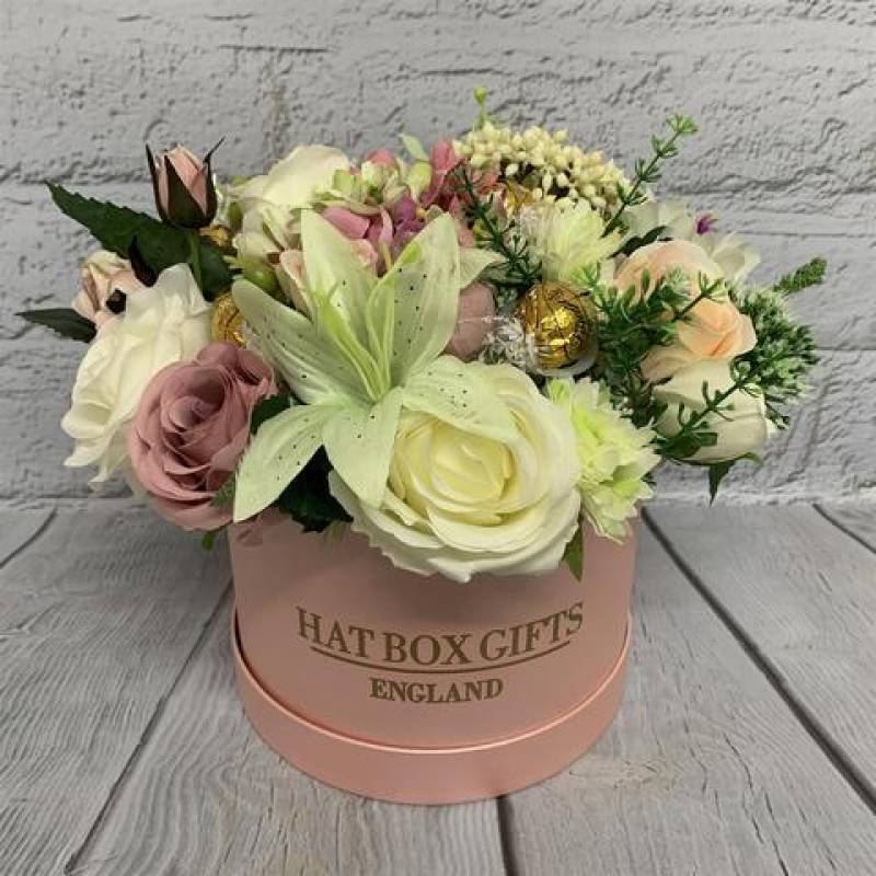 Luxury Chocolates and Silk Flowers Pink Hat Box | Funky Hampers