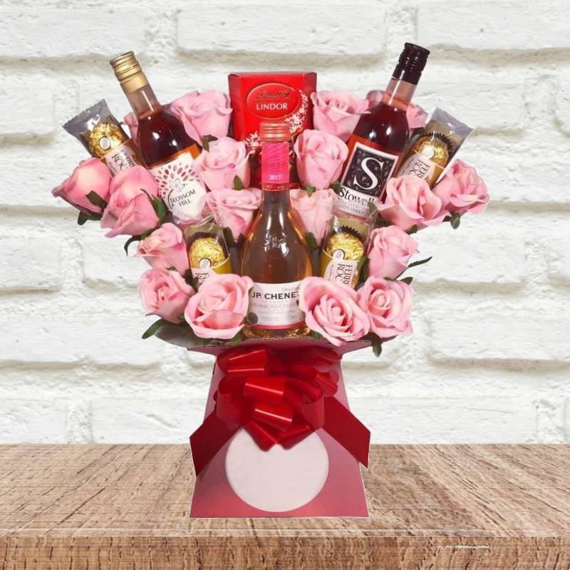 Rose Wine and Pink Roses Chocolate Bouquet | Funky Hampers