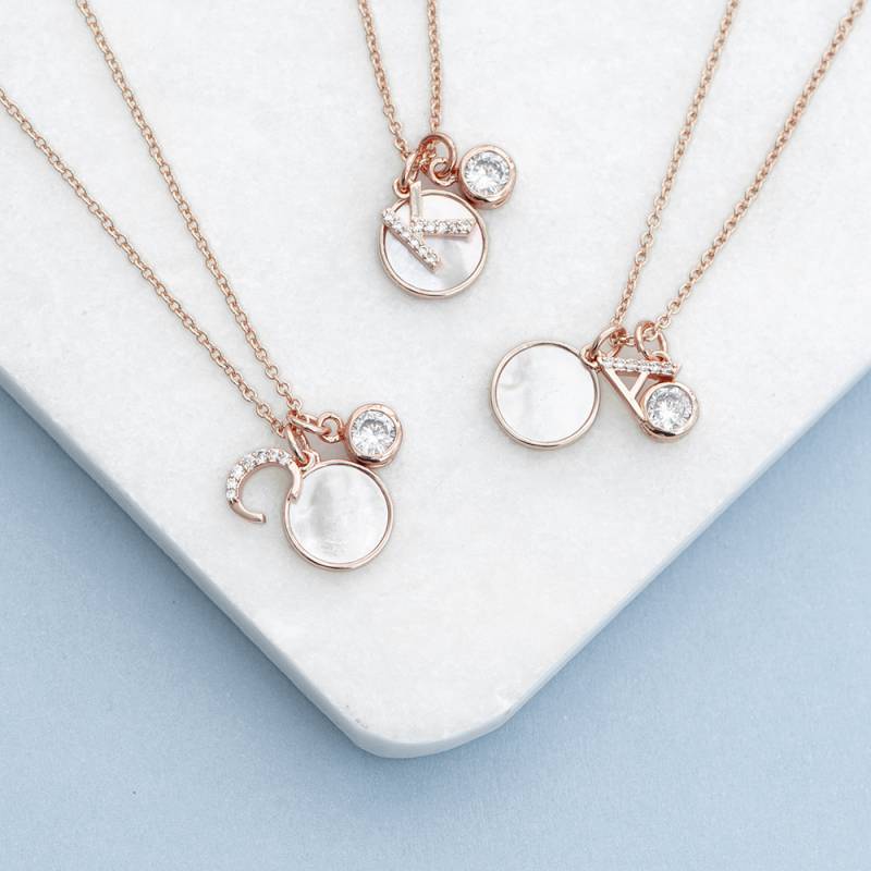 Rose Gold Initial Necklace With Mother of Pearl and Swarovski Crystal |  Funky Hampers
